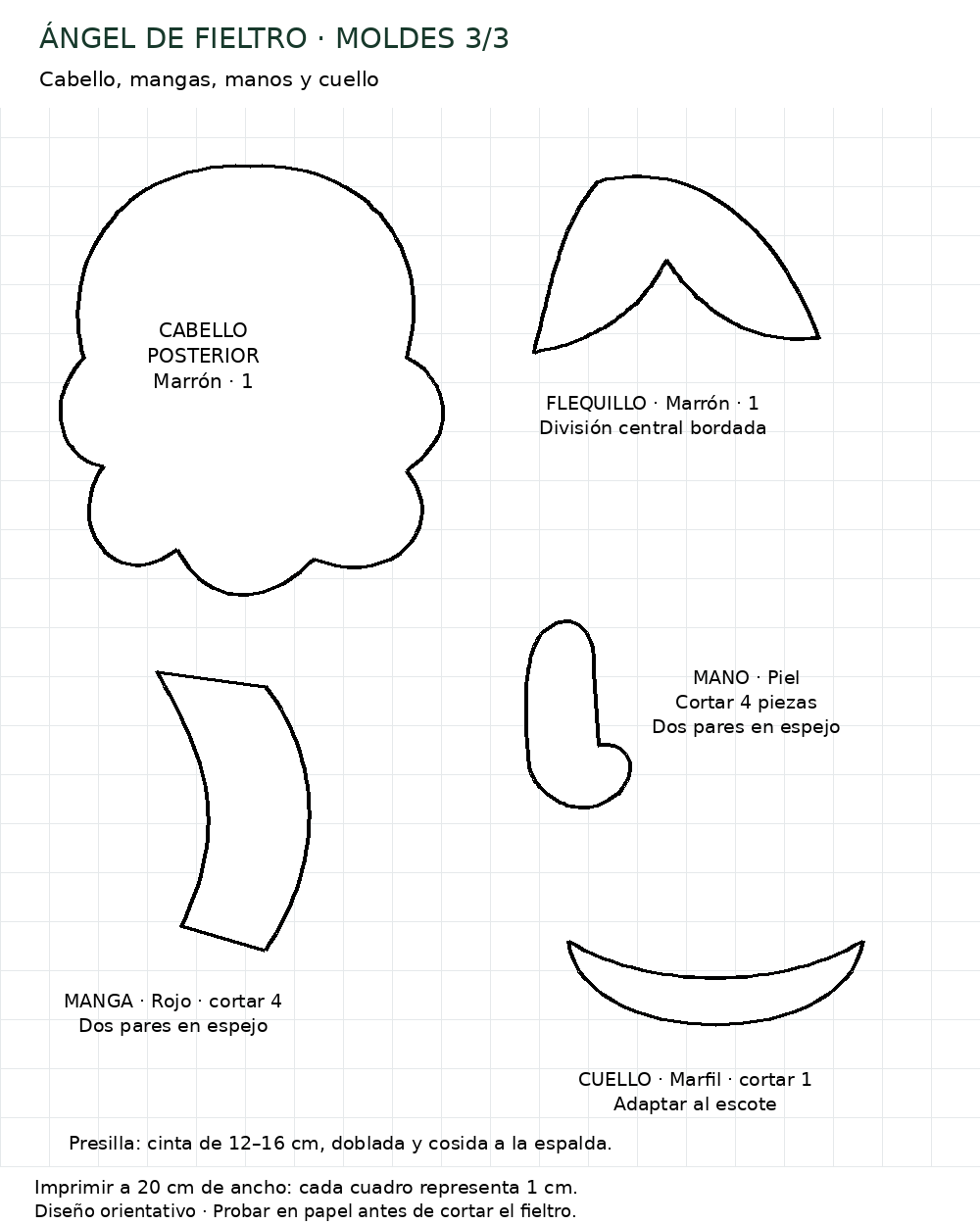 Moldes del cabello, mangas, manos y cuello para ángel de fieltro