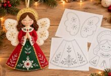 Ángel navideño de fieltro rojo y verde con alas blancas junto a moldes decorativos