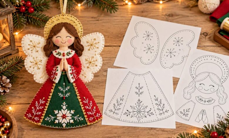 Ángel navideño de fieltro rojo y verde con alas blancas junto a moldes decorativos