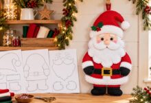Santa de fieltro para puerta junto a sus moldes en un taller navideño