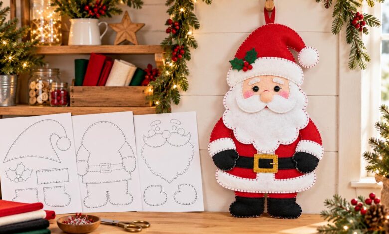 Santa de fieltro para puerta junto a sus moldes en un taller navideño